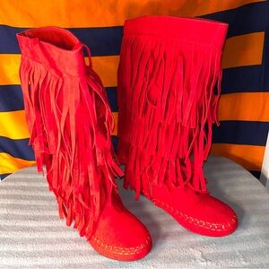 Yoki Womens Mudd-55 Layered Fringe Cowboy western Boots red size 7.5 side zip